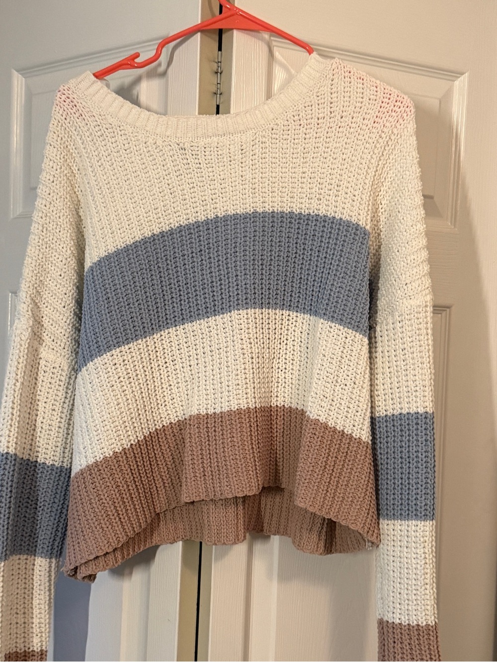 Blue Rain Striped Crewneck Sweater in Cream, Blue & Tan